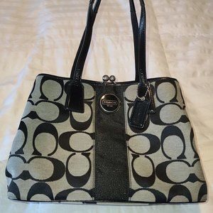 Authentic COACH Purse Black & Grey Canvas Two Handled Bag Purse Silver Accents